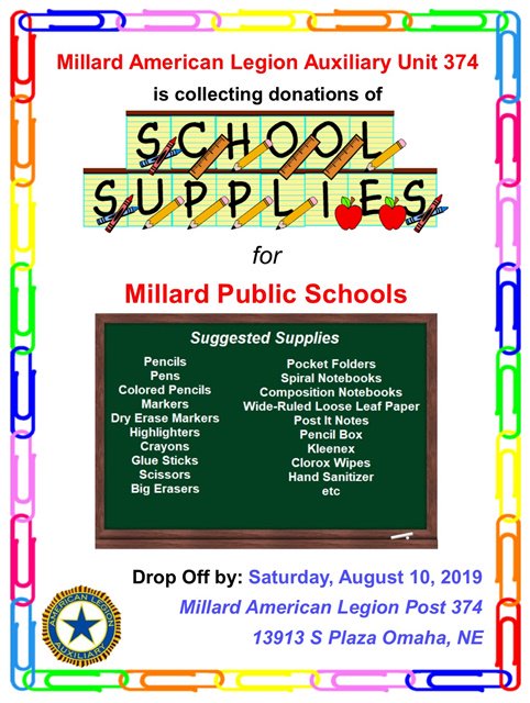 ALAUnit374NE's tweet photo. Kids will be heading #Back2School next month and we are helping support @MillardPS by collecting donations of school supplies. Drop off your school supply donations @ the Millard American Legion Post by Sat. Aug 10. #ALAEducation #AmericanLegionAuxiliary #ALA374NE https://t.co/NrduYGp1Oj