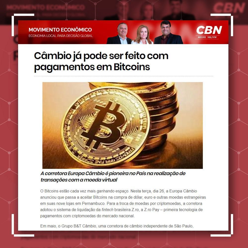 coinwisebr's tweet photo. “A Europa Câmbio anunciou que passa a aceitar Bitcoins na compra de dólar, euro e outras moedas estrangeiras em suas nove lojas em Pernambuco. Para a troca de moedas por criptomoedas, a corretora adotou o sistema de liquidação da fintech brasileira Zro, a Zro Pay (...)" https://t.co/dYo1RCraai