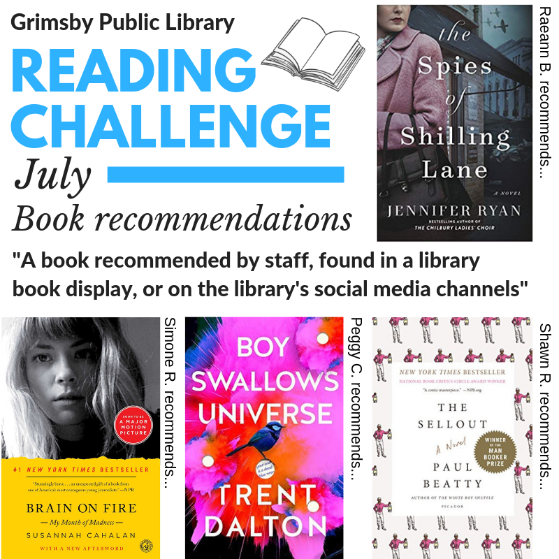 GrimsbyLibrary's tweet photo. Your July mission for the #GPLReadingChallenge is to read books recommended by us, the Grimsby Library staff! Ask a staff member next time you visit, check out our staff picks shelf, or just scroll through our social media feeds or Instagram highlights for inspiration. https://t.co/ZcvDZsldM9