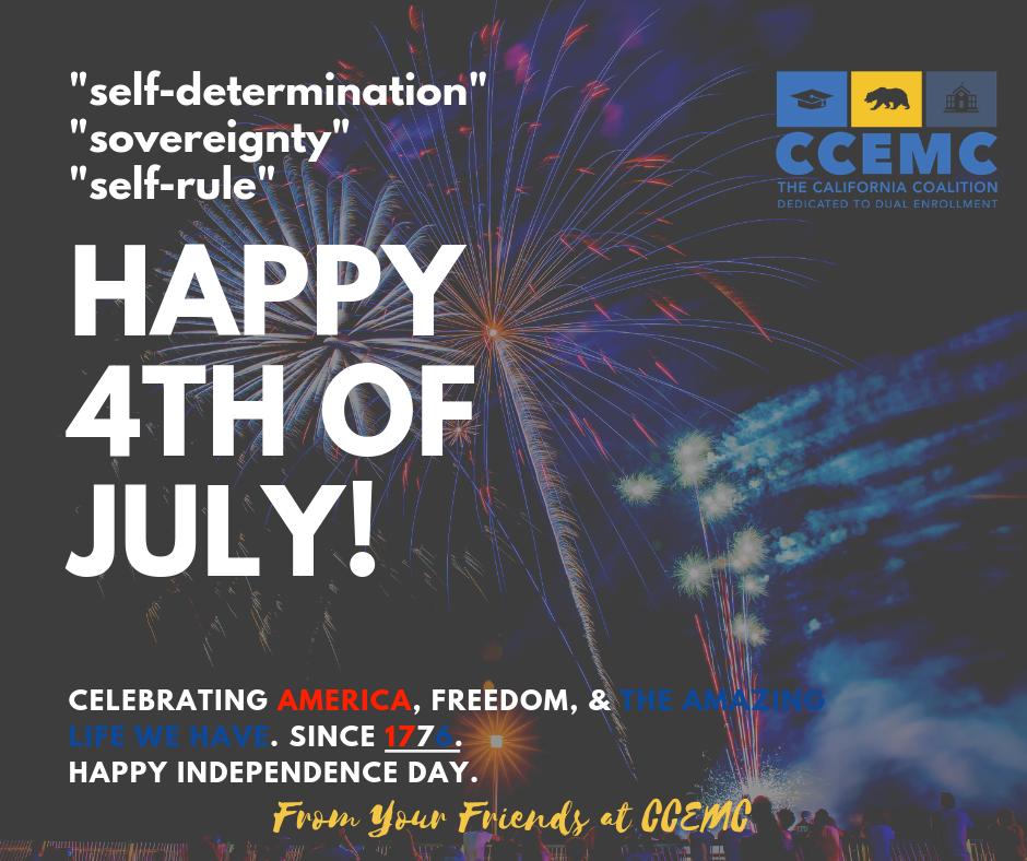 CADualEnroll's tweet photo. Celebrating America's "Independence" since 1776. Happy 4th of July! | 

Our early bird pricing of $300 ends on July 12th. Make plans to get your tickets to our 2019 Dual Enrollment Summit before then! https://t.co/2lidIQ81ZQ #CreatingPathwaysforSuccess https://t.co/AZBGWrO3Yo