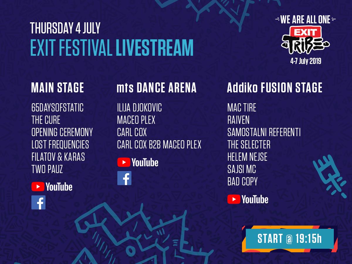 ExitFestival's tweet photo. #EXIT2019 #OPENSDay LIVESTREAM IS HERE!

Follow Exit tribe and turn up the volume:

👉 EXIT Festival facebook page 
👉 Exit Dance Arena facebook page 
👉 https://t.co/hdVlrRCxho

*IMPORTANT INFO: Live stream of The Cure will be available in Serbia, Slovenia, Macedonia only! https://t.co/gdUHMmiD4x