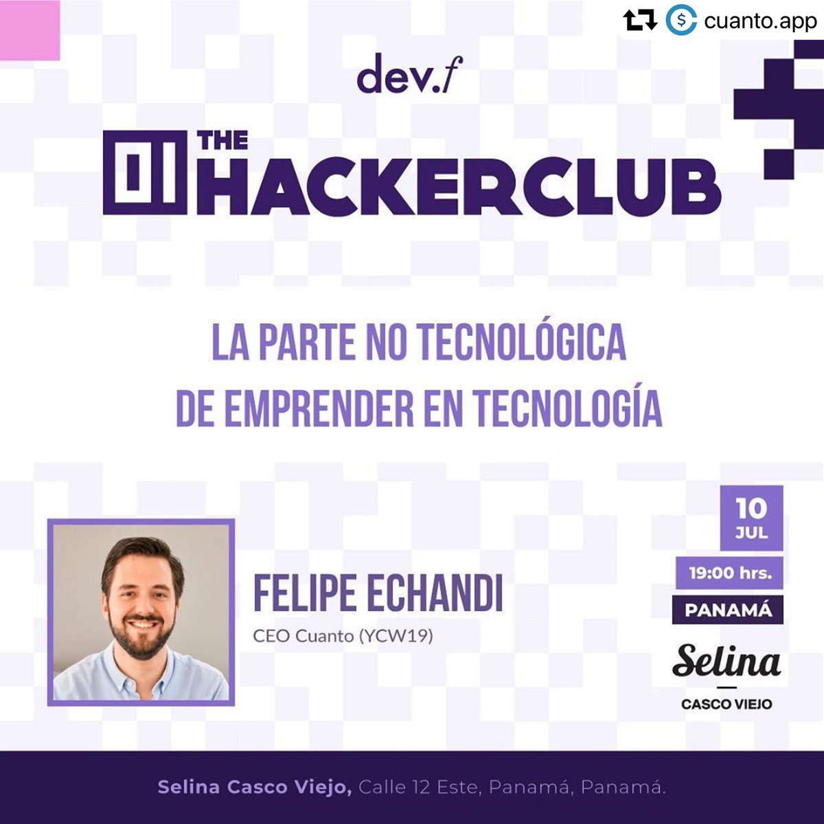 cuantoapp's tweet photo. No todo en emprender en tecnología es tecnología. ¡Llégate al #hackersclub de @devflatam en #Selina #CascoViejo el próximo 10 de julio donde nuestro co-fundador @felcheck compartirá sobre esto! https://t.co/Tqg6wYfzno