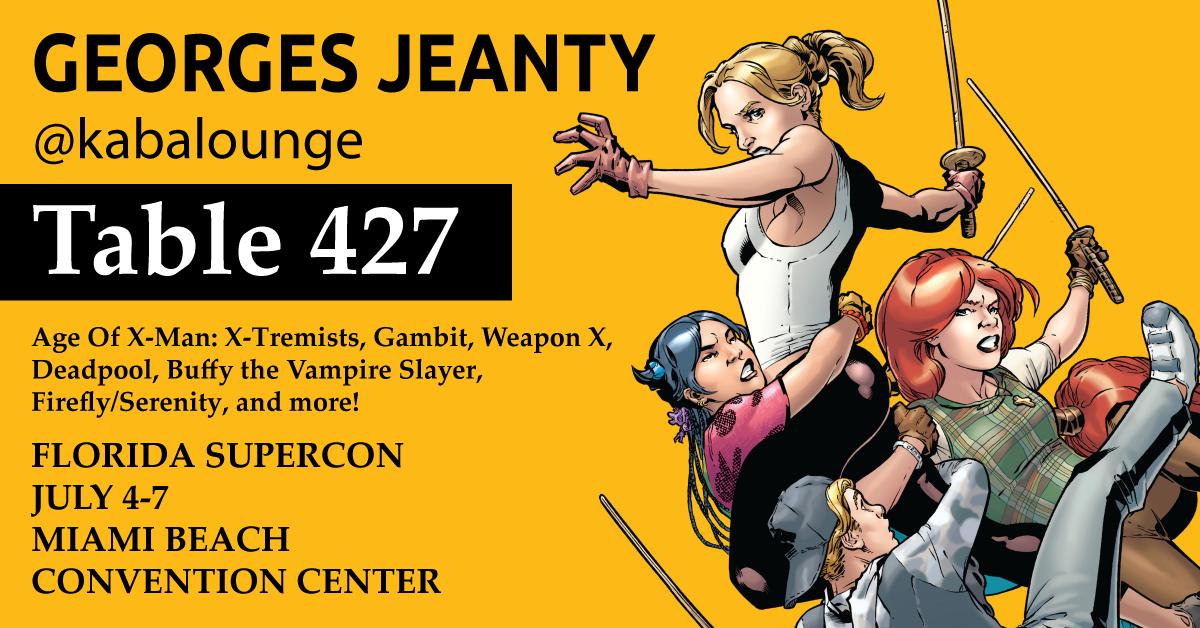 KabaLounge's tweet photo. At @FloridaSupercon today, TABLE 427. Come by for #commissions, original comic book art, stickers, art prints, signed books, and more.
#GeorgesJeanty #KabaLounge #comicartist #Xmen #AgeofXmen #XTremists #Deadpool #WeaponX #Gambit #Whedonverse #Buffy #Serenity #Firefly #Supercon https://t.co/l9CWyRFVyD