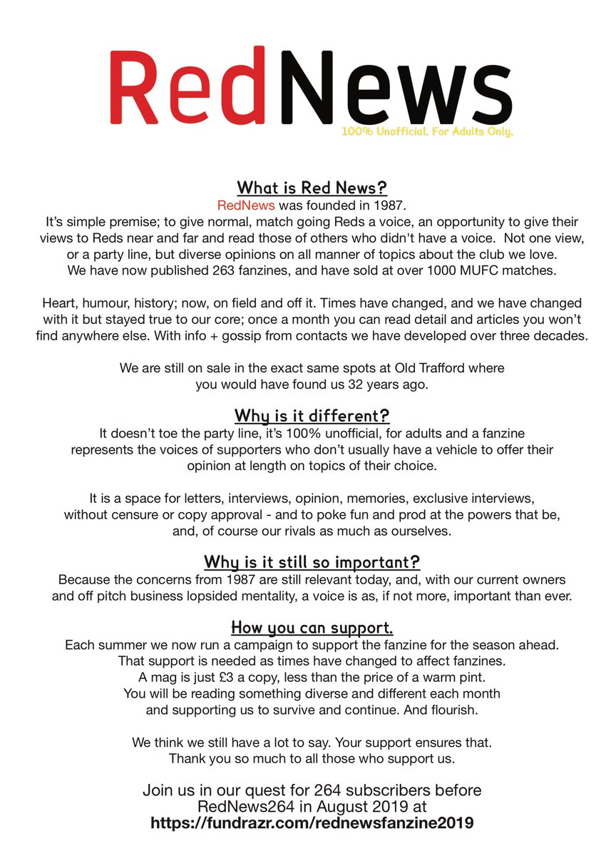 Hello. We currently have a fanzine sub campaign for 2019/20 at fundrazr.com/rednewsfanzine… - you get a diverse read, all 10 mags for the season. Your choice of Print or PDF. And here is what we're all about, and have been since 1987.