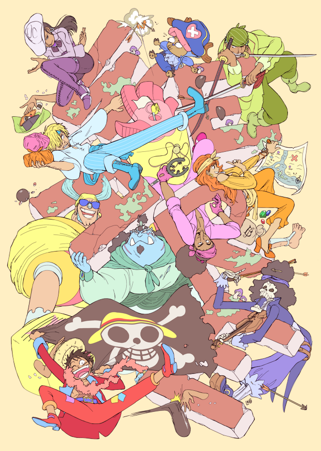 Fanart of the Straw Hat pirates, appearing as if they are falling from the sky amidst a fire of arrows and cannonballs, each working together but also independently, holding onto giant falling stone letters that spell the words "WE ARE".