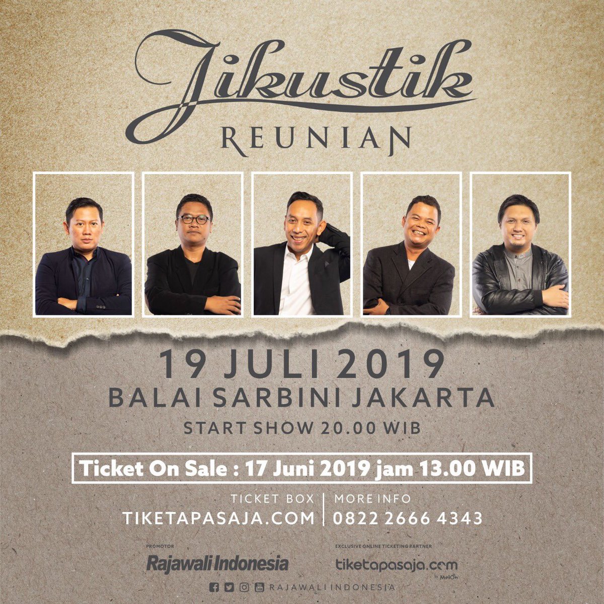 Konser #JikustikReunianJakarta 

📅 Jumat, 19 Juli 2019
📍 Balai Sarbini, Jakarta
🕓 start show 20.00 WIB

Para personel <a href="/Jikustik/">Jikustik Band</a> formasi awal akan kembali berkumpul untuk mengobati kerinduan kalian dalam sebuah Konser Rekonsiliasi.
⠀
Dapatkan tiketnya, jangan sampai kehabisan!