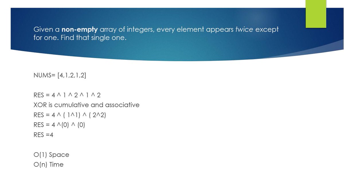 coding_dcp's tweet photo. 136. Single Number @leetcode #100DaysOfCode 
#coding #interview
Given a non-empty array of integers, every element appears twice except for one. Find that single one.
asked by $GOOGL $UBER $FB $AMZN https://t.co/GIuQQIg6pf