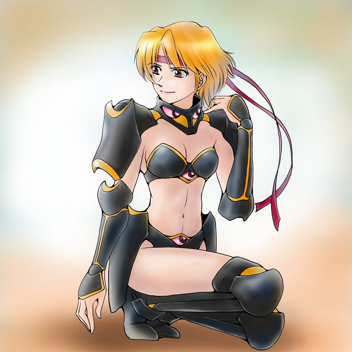 「昨日のビキニアーマー女子の色変えバージョンです。 イメージとしては黒地に金色なん」|しいのき。のイラスト