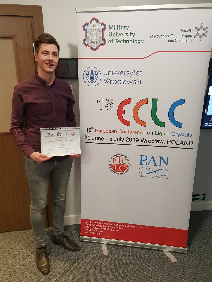 Very pleased to have been awarded the European Conference on Liquid Crystals Oral Prize (third) in Wroclaw 15th ECLC. #liquidcrystals #conference #ECLC2019 #youngresearcher #PhD #Chemistry #STEM #ABDNChemistry @aberdeenuni
