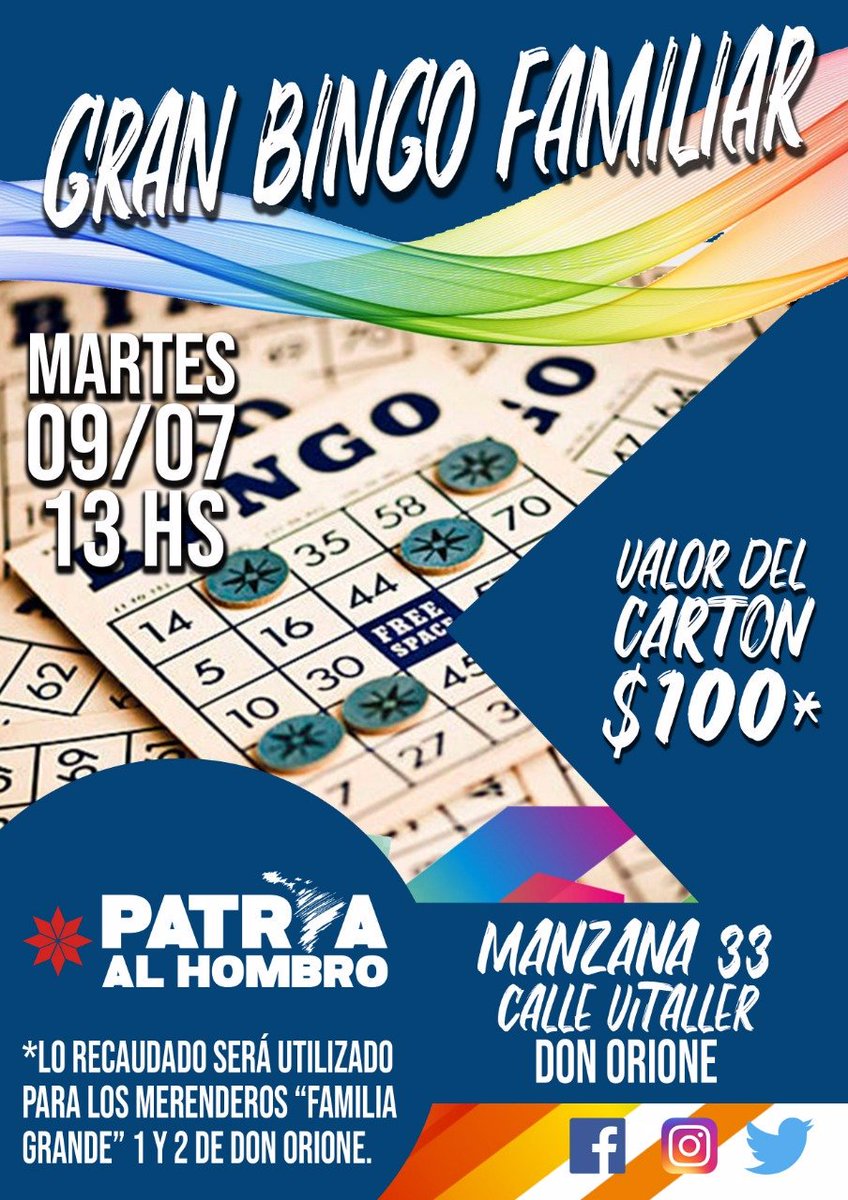 agrupPalh's tweet photo. ¡Martes a puro bingo!

Te esperamos éste 9 de Julio, los fondos recaudados serán para colaborar con los merenderos.

13:00hs Don Orione ✔
15:00hs  Malvinas Argentinas✔

Valor del cartón: 💲100. https://t.co/1xITu1L7Qv