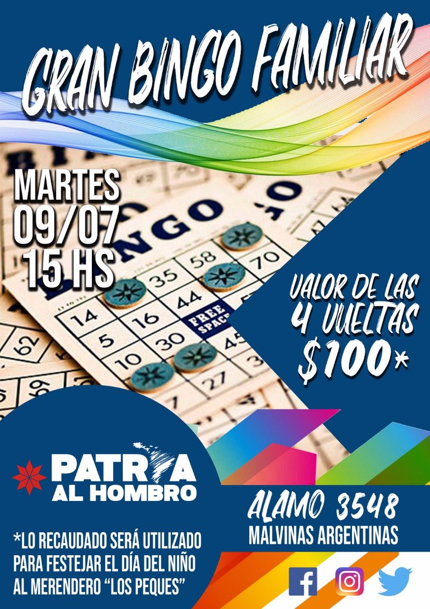 agrupPalh's tweet photo. ¡Martes a puro bingo!

Te esperamos éste 9 de Julio, los fondos recaudados serán para colaborar con los merenderos.

13:00hs Don Orione ✔
15:00hs  Malvinas Argentinas✔

Valor del cartón: 💲100. https://t.co/1xITu1L7Qv