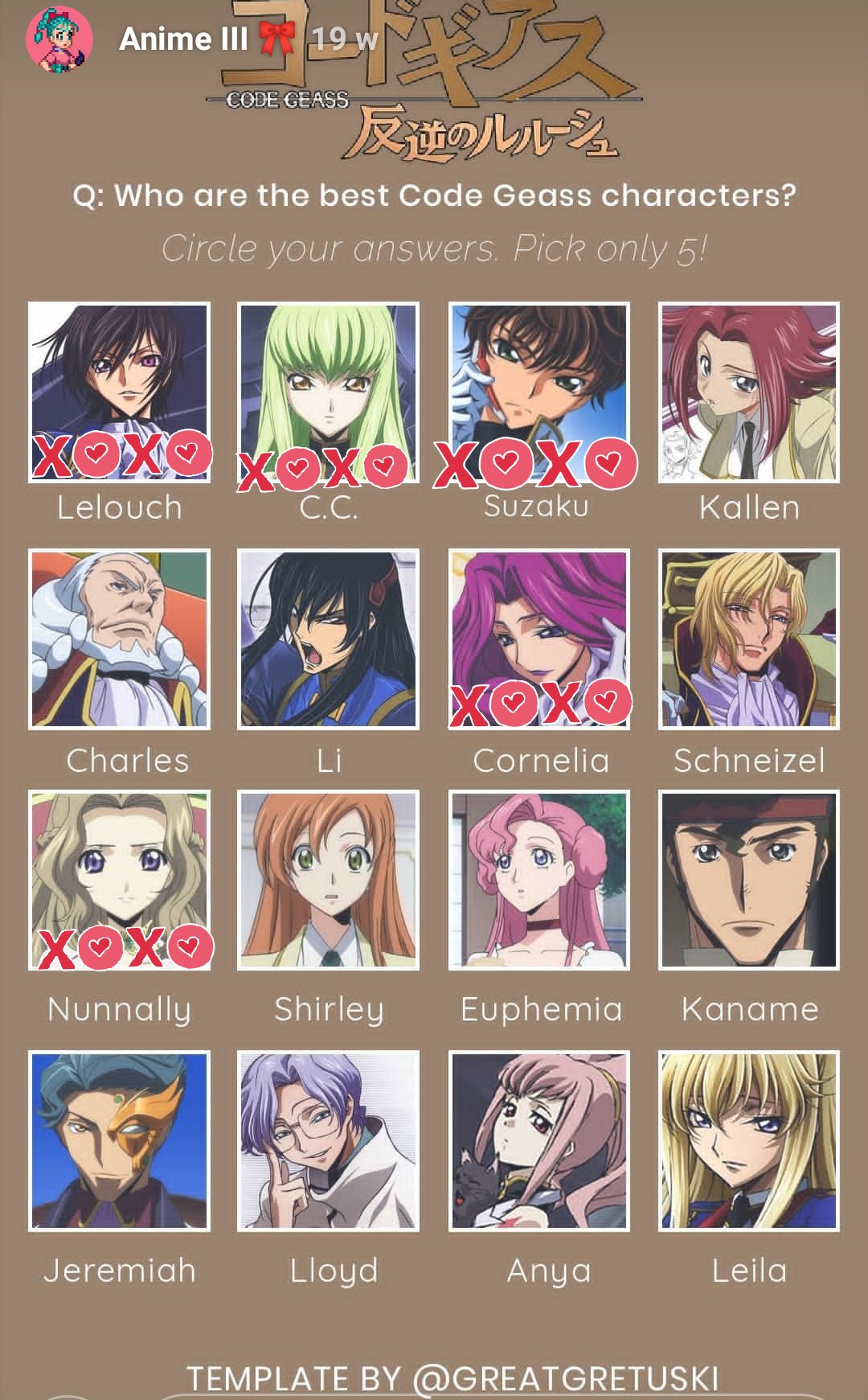 ⛹️‍♂️Enjoying Life and Anime⛹️‍♂️ on X: #CodeGeass Who our the best  #CodeGeass characters? 1. #Lelouch xoxo 2. #Suzaku xoxo 3. #Nunnaly xoxo 4.  #Cornelia xoxo 5. #CC xoxo (made by #greatgretuski)   /