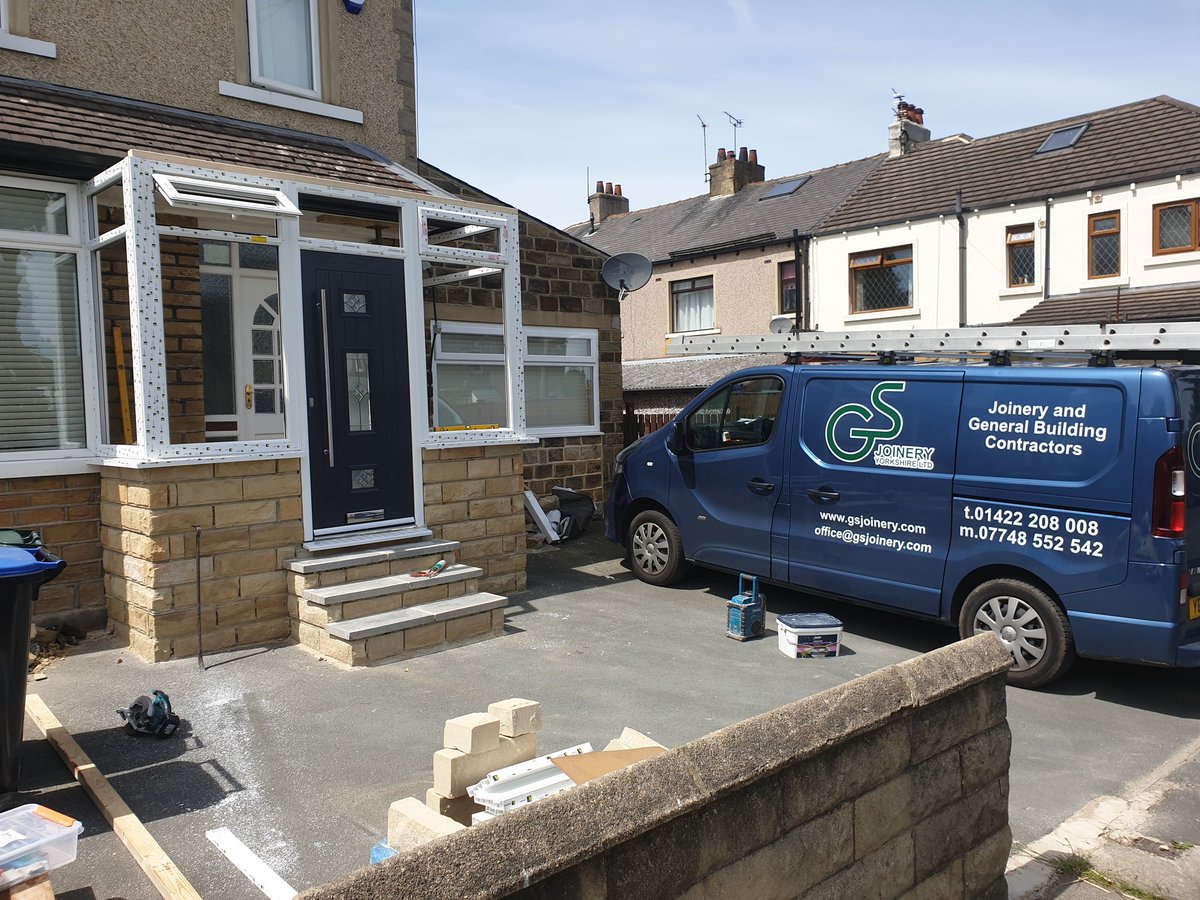 GSJoineryYorks1's tweet photo. The next stage of this porch completed today, installing the UPVC frames and  anthracite composite door. #builders #joiners #upvc #windowsanddoors #extendyourhouse #homeimprovement @LtdPvc @FenestrationBot see https://t.co/WPOCQ8ADsk for more jobs like this and contact details. https://t.co/zEChXGh98E