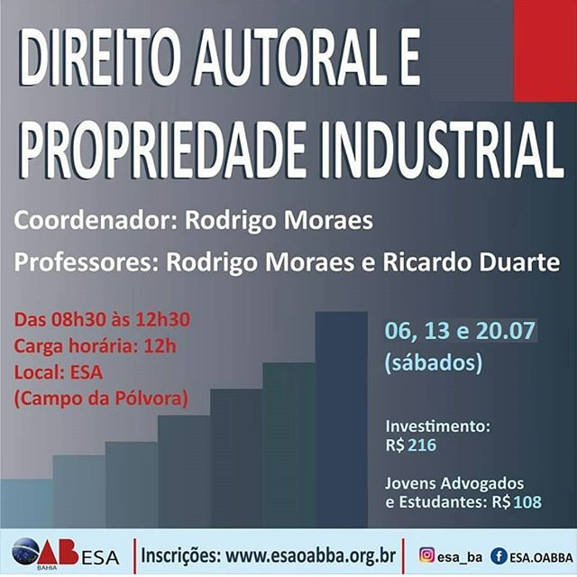 DireitoEventos's tweet photo. Direito Autoral e Propriedade Industrial 😄

Data: de 06 a 20 de julho de 2019
Local: Salvador, Bahia 

Saiba mais:
https://t.co/RDJ3v9LIo5

#evento #direito #autoral #propriedade #intelectual #amodireito #direitonews #eventosdedireito https://t.co/G6NbJYuBep