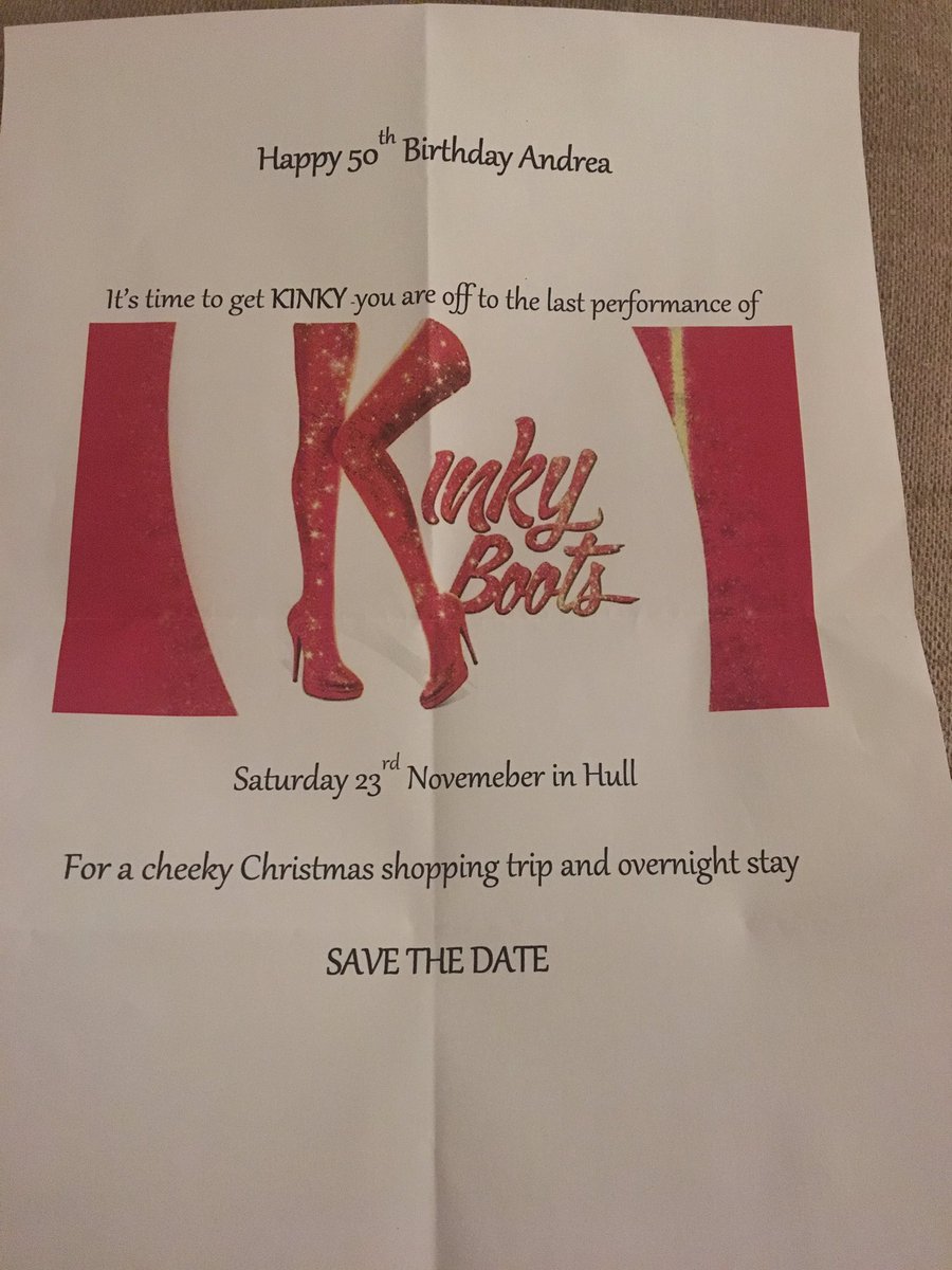 OMG!!! Turned the big 5 0 today & look what my fabulous friend @Mcquinkie has given me!!!
Beyond excited to see this superb show again😆🤩@KinkyBootsUK #ClosingNight
@KayiUshe @JoelHarperJacks Can’t wait & to top it all off I even get a night in sunny Hull😍