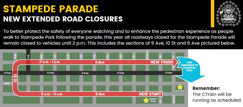 CalgaryPolice's tweet photo. #StampedeParade2019 road closures.
To keep #calgary #StampedeParade spectators & participants safe, no vehicles will be allowed to drive on any portion of the parade route from 7:30 a.m until parade conclusion at 2 pm. CTrains will run as scheduled.
#cpsprotects #yyc #yycroads https://t.co/reKfeubfIa