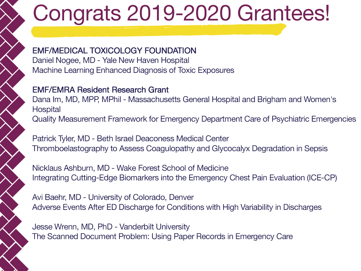ACEPNation's tweet image. Congratulations to all the 2019-2020 Grantees! #EMresearch

More on EMF: emfoundation.org