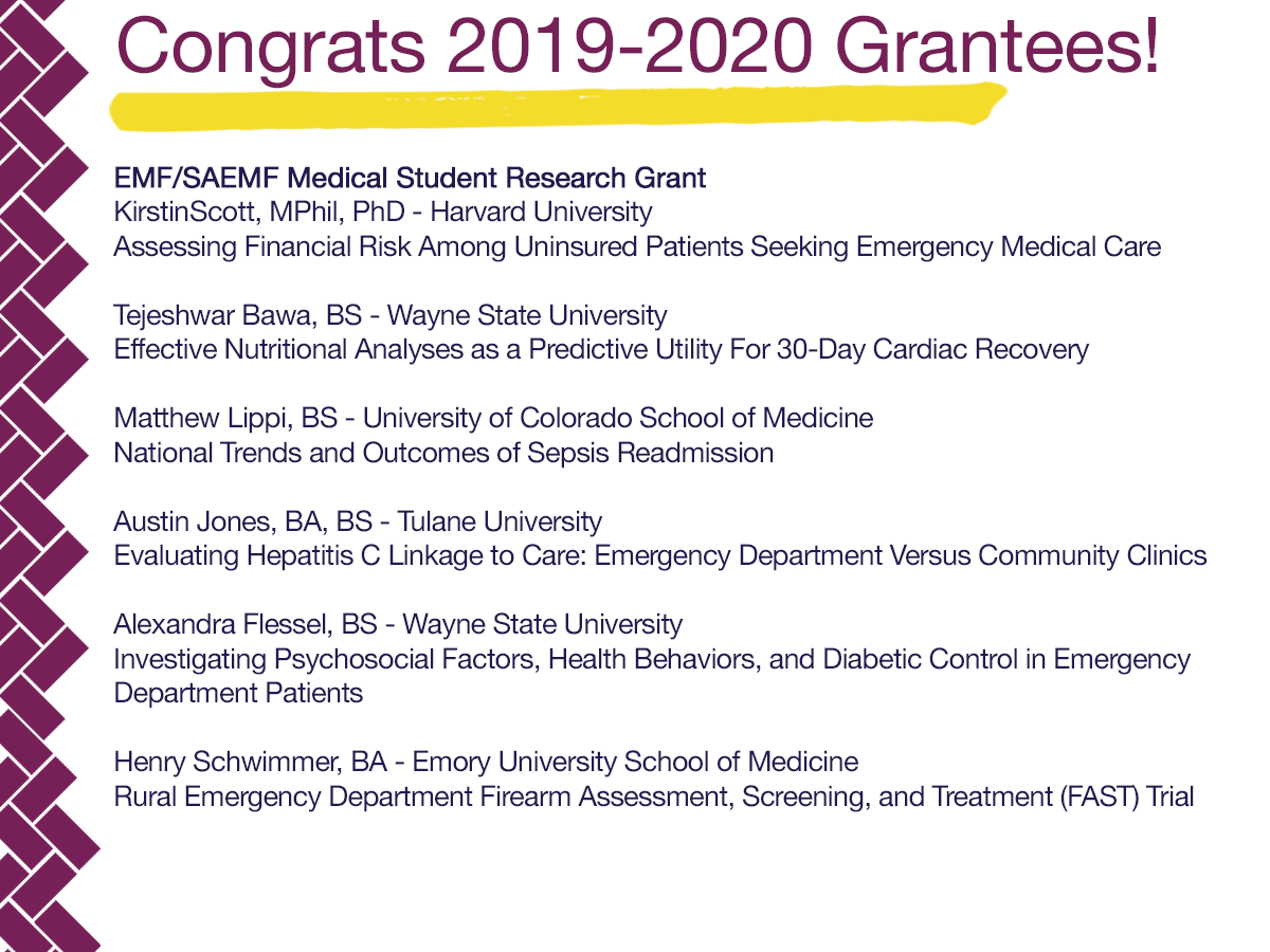 ACEPNation's tweet image. Congratulations to all the 2019-2020 Grantees! #EMresearch

More on EMF: emfoundation.org
