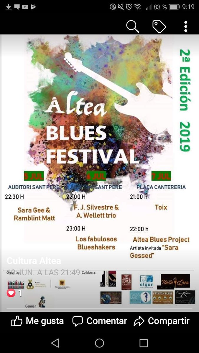 CompanyStas's tweet photo. #5Juliol19
19'15h #SbAlz Brass a la CCultural i
22'30h Banda SM al Teatre #Alzira

20h @xavisarria a Vivers #València 

20'15h @ManelArcos a la CCultural #Oliva

22'30h Blues a l'Auditori #Altea

22'30h Mara Pedro a la pl/Llotgeta #Catarroja

23h @elsjovens al Castell #Montesa https://t.co/qaIXc4Au6v