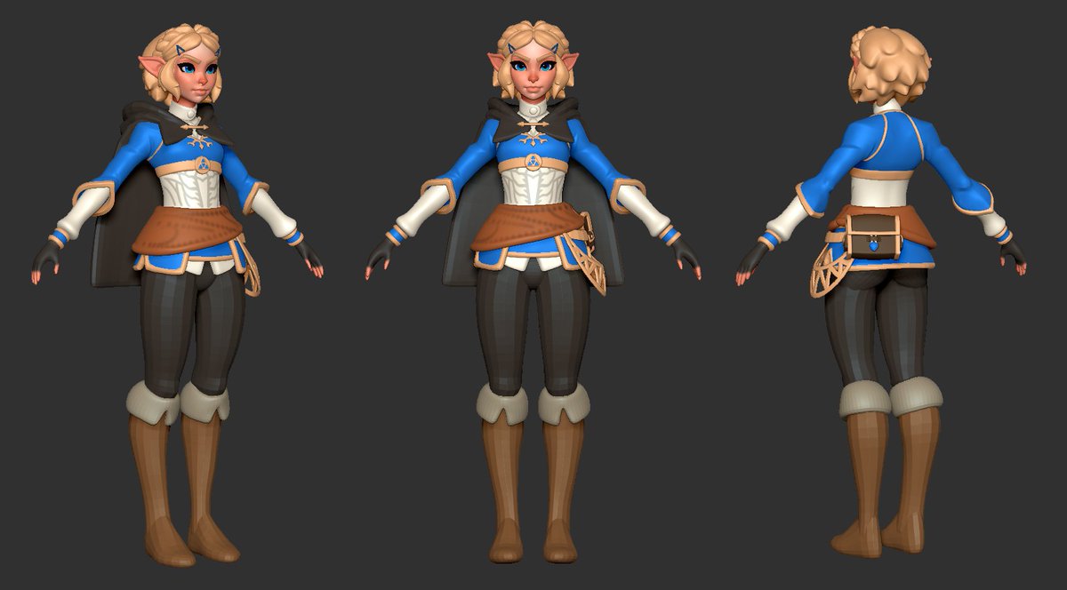 Zelda Update: Started a Polycount thread to keep things organized. Slowly blocking everything in. Looking forward to her boots and refining elements. polycount.com/discussion/212… #wip #botw2 #zbrush #polycount #gameart