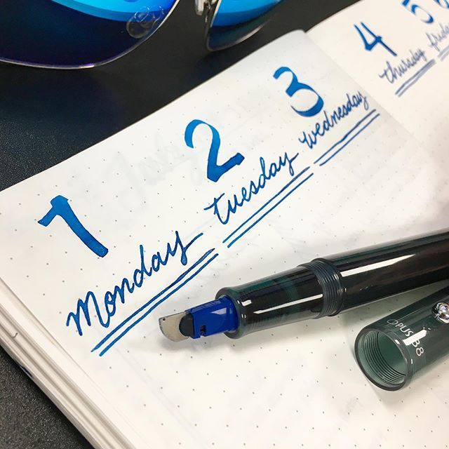 InkJournal's tweet image. The weekly spread layout in my #bulletjournal using @jherbininks Kyanite du Nepal in my @opus88writing Demonstrator with a modified @pilotpenusa Parallel 6.0mm nib. How’s your week going so far?
.
.
.
#pilotparallel #opus88 #weeklyspread #bujoweeklysprea… ift.tt/2LDe6qy