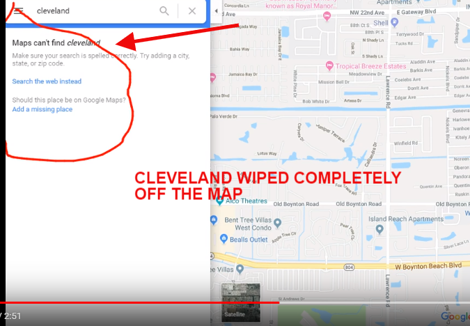 dailybragger's tweet photo. #Google Maps Down. #Cleveland completely wiped off the map. Millions of Maps users are feared to be lost.  Businesses vanish from existence for local search. #GMB  https://t.co/xBZHNR2ARh https://t.co/KM4MDa2CUO