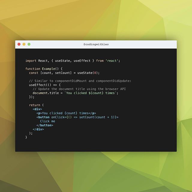 codingwithleo's tweet image. Example component showing the useEffect hook being implemented.⠀
⠀
Reminder: The Effect Hook lets you perform side effects in function components.⠀
⠀
#react #reactjs #javascript #js #learntocode #frontenddev #webdev #webdevelopment #programmi… ift.tt/307ESv2