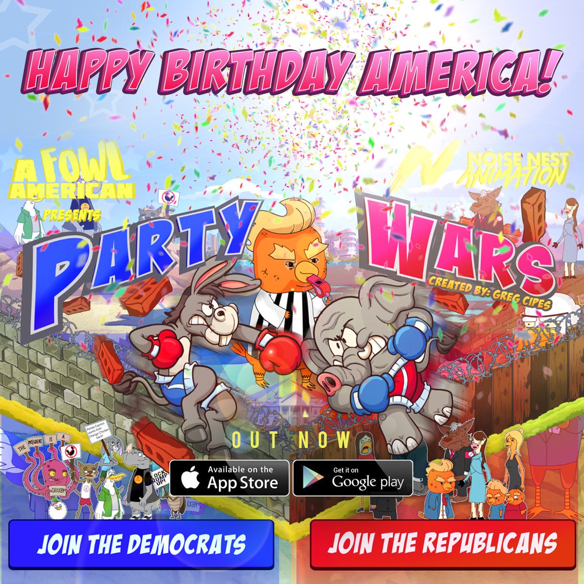 Happy Birthday America. This day will also be forever known as the day I, Donald Rump, released the greatest mobile game ever made “Party Wars”. I can finally construct my beautiful wall!!! On iOS and Android apps.apple.com/us/app/party-w… <a href="/realDonaldTrump/">Donald J. Trump</a> <a href="/washingtonpost/">The Washington Post</a> <a href="/CNNPolitics/">CNN Politics</a>