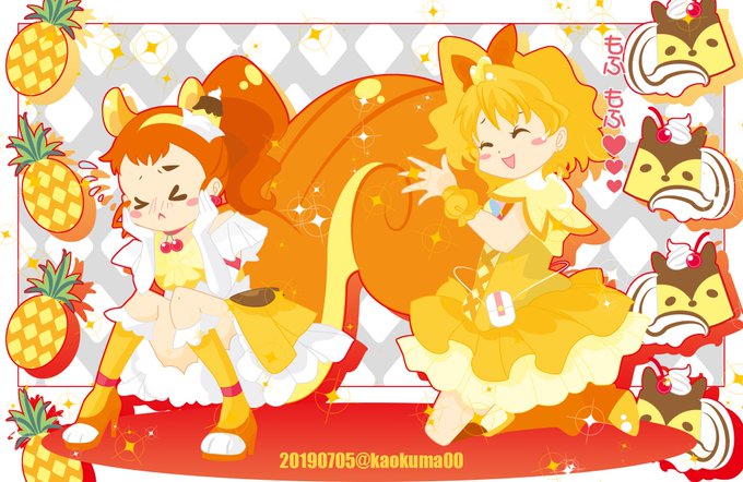 昨夜のお題より、キュアパイン&amp;キュアカスタード
パインカスタード🍍🐿
 #プリキュア版深夜の真剣お絵描き60分一本勝負 