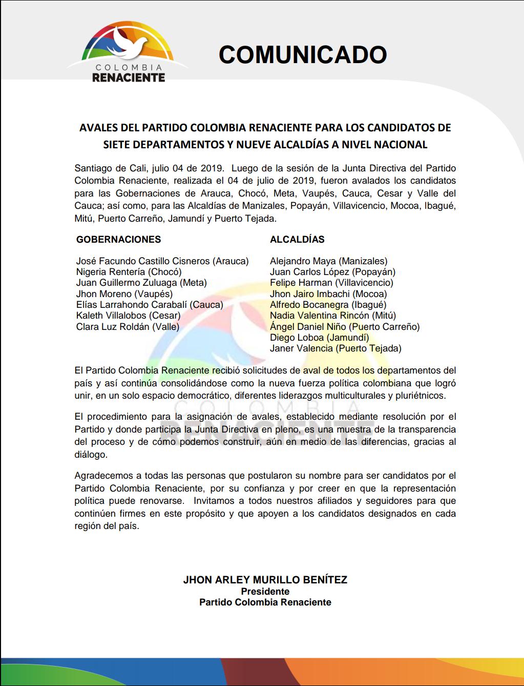 Partido Colombia Renaciente En Twitter Comunicado No 1 Sobre Avales Avales Colombiarenaciente