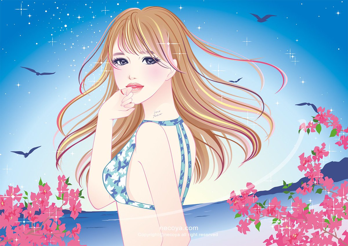 猫屋 Necoya Work お嬢様の花園vol 夏との約束を果たしに行こう イラストだけ 今回のお花はブーゲンビリア 花言葉は 情熱 あなたは魅力に満ちている あなたしか見えない 夏らしい正に情熱の花言葉です 猫屋 Necoya Illustration