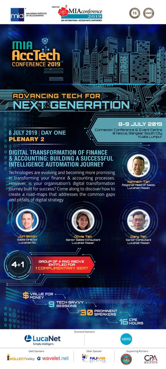 miaconnect1967's tweet image. Register for MIA AccTech Conference 2019 and find out how to build a successful Intelligence Automation Journey! Register: bit.ly/2NGv3m4 Brochure: bit.ly/2VlrqGe #AccTechConference2019 #AccTech @LucaNet  @Xero