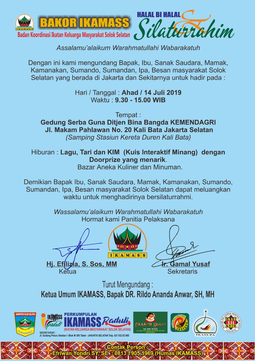 Undangan, Halal bi Halal dan Silaturrahim, Nadan Koordinasi Ikatan Keluarga Masyarakat Solok Selatan (Bakor IKAMASS) Ahad, 14 Juli 2014, Ditjen Bangda Kemendagri, Kalibata, Jakarta Selatan