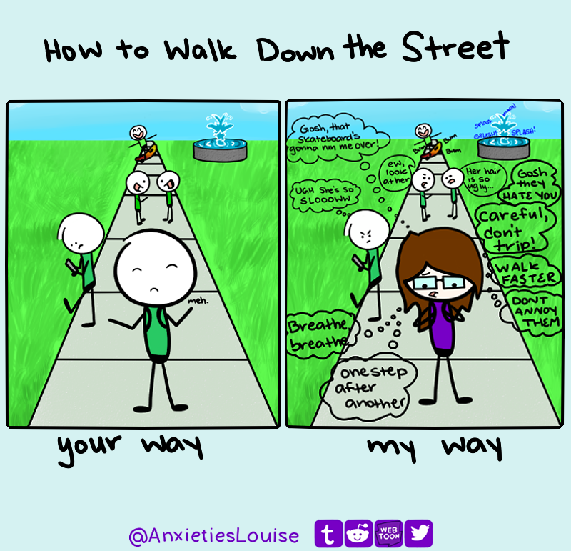 AnxietiesL's tweet photo. How #anxietymakesme walk down the sidewalk.

#comic #webcomic #comics #anxiety https://t.co/BZ5CEfrZC5