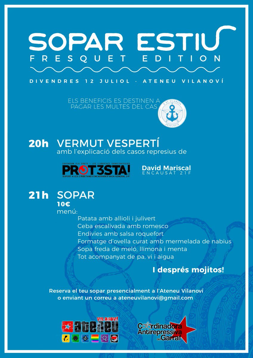 JoanDalla13's tweet image. ⚠️⚓️Eieiei! El proper divendres 12 de juliol us convoquem a un vermut-conversa-sopar fresquíssim!
➡️Perquè? Doncs perquè el Pau (bon company i millor persona) ha de pagar 300€ per una patadeta al cotxe de Montoro. 
😘Ajuda a difondre amb un RT i que se'n vagin a fer la mà!