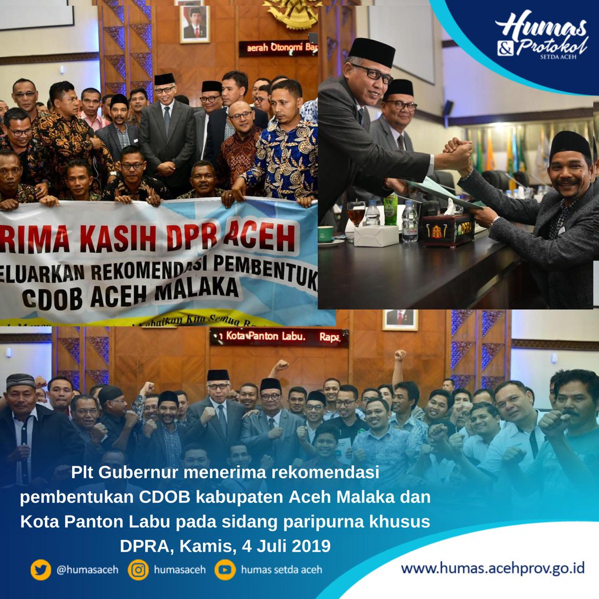 humasaceh's tweet image. Plt Gubernur Aceh menerima rekomendasi pembentukkan CDOB Kabupaten Aceh Malaka dan Kota Panton Labu pada sidang paripurna khusus DPRA, Kamis, 4 Juli 2019. #acehhebat #dpra
