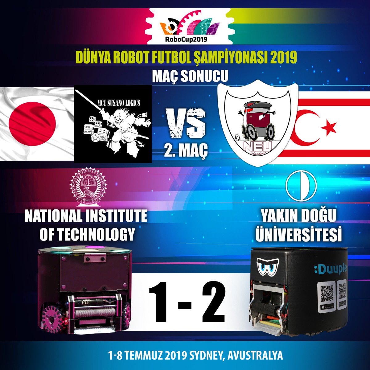 YakinDoguUni's tweet photo. NEU Islanders 2 - 1 MCT Susano Logics (National Institute of Technology) 💪💪 #technology #robocup #robocup2018 #robotlove #engineeringlife #neuroboticslab #igers #newindustrialrevolution #artificialintelligence #neuislanders #neareastuniversity #yakindoguuniversitesi #ydü https://t.co/fqE5uhfmHe