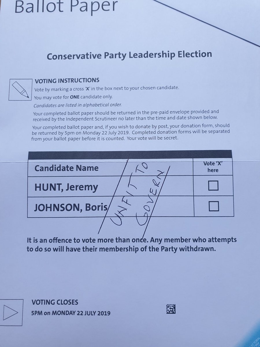 My @Conservatives ballot paper filled out. Both @Jeremy_Hunt and @BorisJohnson are unfit to govern. #ConservativeLeadershipRace #Conservatives #BrexitBetrayal #FBPE