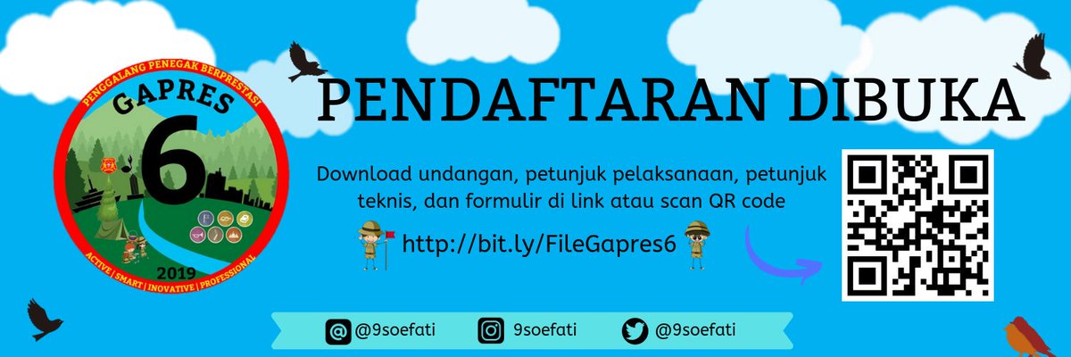 "SALAM PRAMUKA 📣"
.
Pendaftaran untuk GAPRES 6 sudah dibuka!

___________________

Untuk Petunjuk pelaksanaan, Petunjuk teknis, Undangan, serta Formulir Pendaftaran dapat didownload via Google Drive dengan klik link : bit.ly/FileGapres6 di bio instagram <a href="/9soefati/">Pramuka SMAN 9</a> Atau dapat