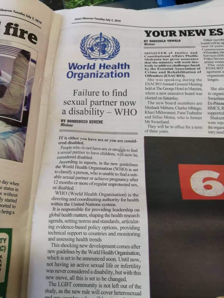 GNews724's tweet photo. Failure to find sexual partner now a disability - WHO https://t.co/C6ruFhOxZf