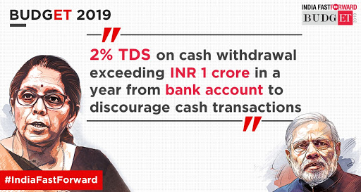 #BudgET2019 | 2% #TDS on #CashWithdrawal exceeding ₹1 crore in a year from bank account to discourage #CashTransactions: FM @nsitharaman  tinyurl.com/y4g6wtoa