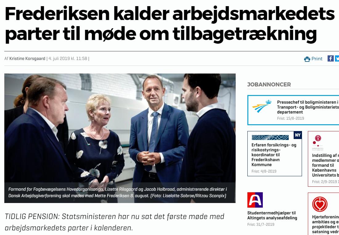 billede af artikel fra Altinget med overskrift: "Frederiksen kalder arbejdsmarkedets parter til møde om tilbagetrækning"