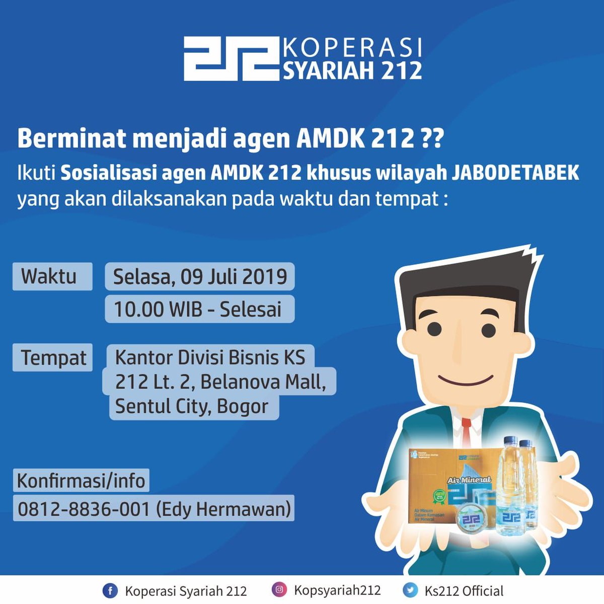 kopsyariah212's tweet photo. Assalamualaikum wr wb Sahabat Koperasi Syariah 212, Ikuti Sosialisasi agen AMDK 212 khusus wilayah JABODETABEK. Untuk konfirmasi dan informasi lebih lanjut dapat menghubungi 08128836001 (Edy Hermawan)

#amdk212 #ks212mobile #ks212 #212mart #212 #212Card #air #airputih #airmineral https://t.co/Y0DdoVzwWy