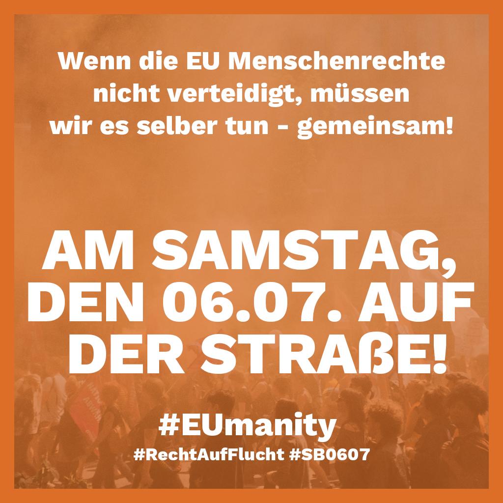 Gestern sind erneut über 70 Menschen vor Tunesien ertrunken. Dieses Jahr sind es schon knapp 600 Menschen die ihr Leben vor den Toren #Europas lassen mussten. Das ist nicht das Europa in dem wir leben möchten! Kommt zu den Kundgebungen am 06.07! #EUmanity #RechtAufFlucht #SB0607”
