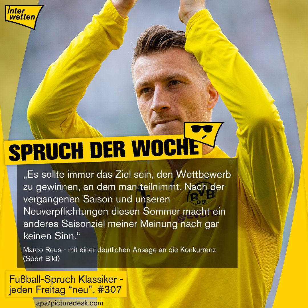 Interwetten_com's tweet photo. #FSKdW #307: "Es sollte immer das Ziel sein, den Wettbewerb zu gewinnen, an dem man teilnimmt. (..)"
Marco #Reus mit einer deutlichen Ansage an die Konkurrenz. #SpruchderWoche #BorussiaDortmund #Bundesliga #Interwetten https://t.co/ZnQciIg2AL