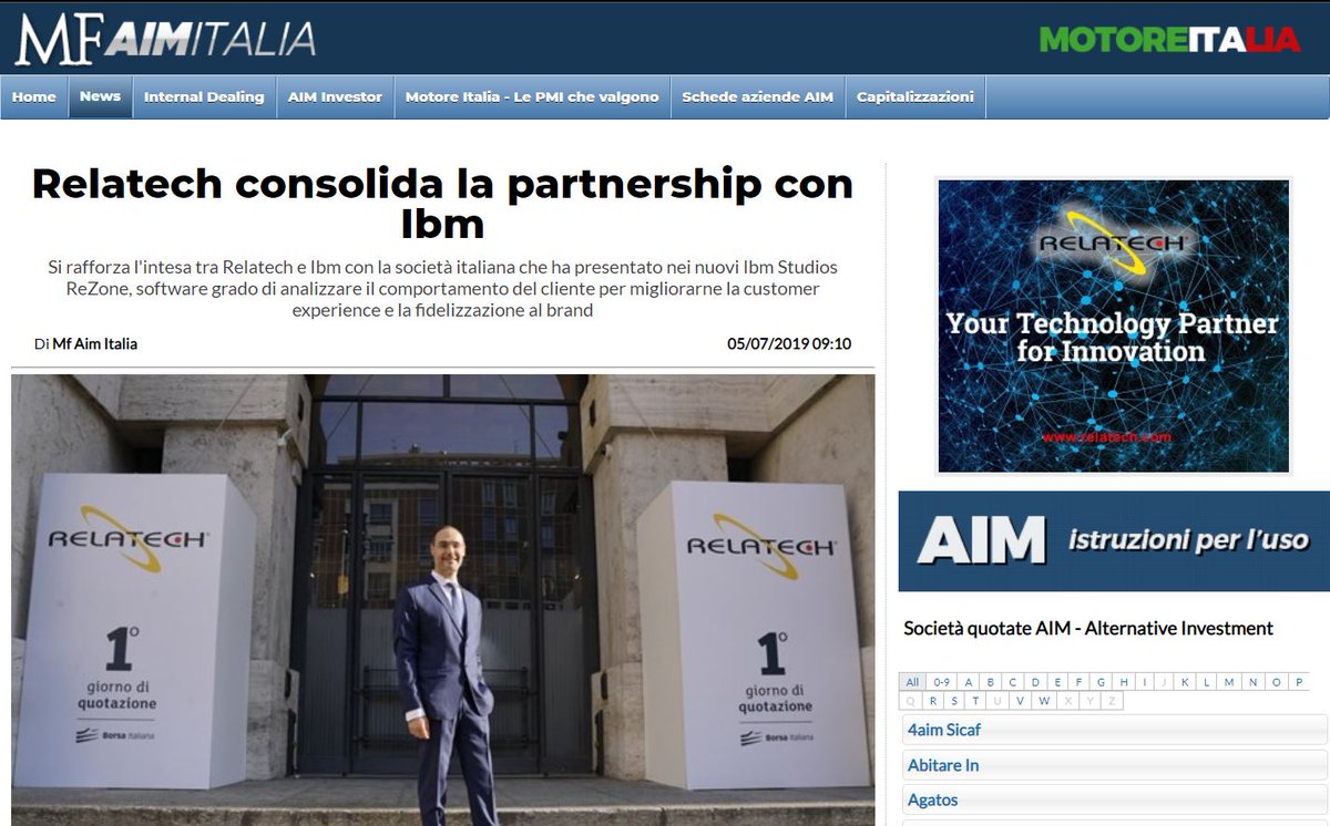 relatechspa's tweet photo. Oggi su @MilanoFinanza AIM News: "Relatech consolida la partnership con IBM"
#Relatech #MF #MilanoFinanza #AIMnews #AIMItalia #IBM
https://t.co/P25moUdO1w https://t.co/jd9d4c8qeb