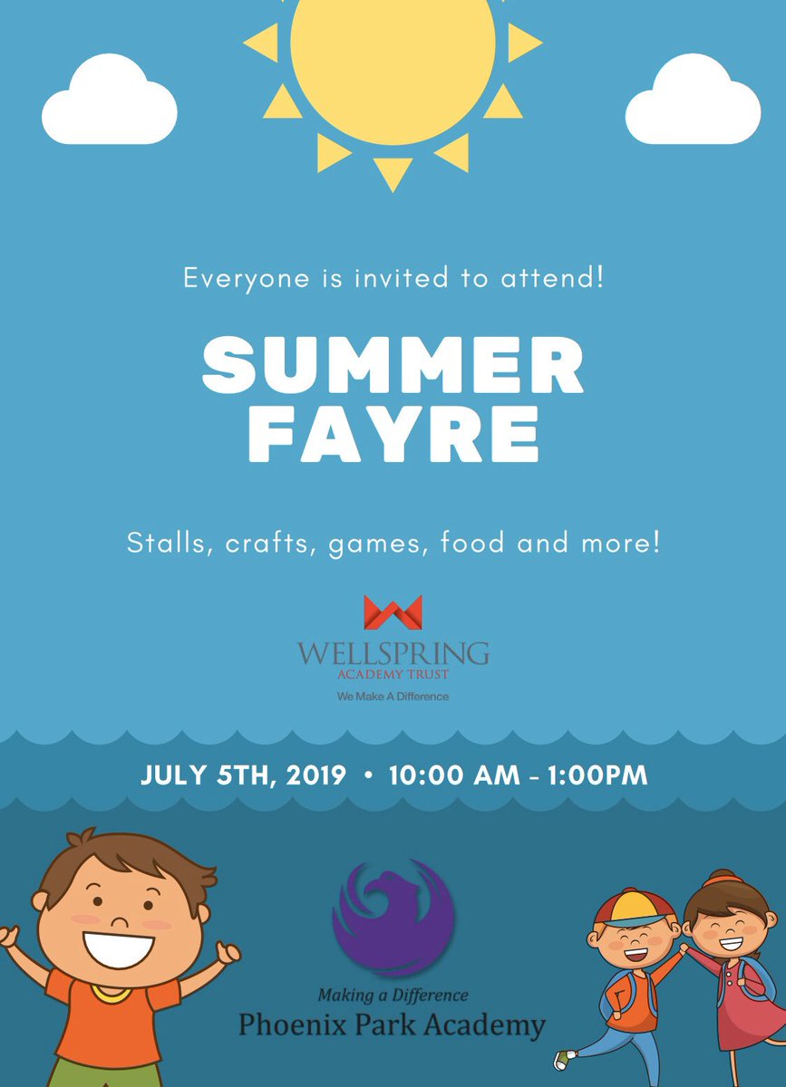 PhoenixKS2's tweet photo. The sun ☀️ is shining! 

Just ONE hour to go until our annual Summer Fayre! Further details below 👇🏽👇🏽 

Keep your eyes peeled for our special guest at 11am. 

We look forward to seeing you there! #wearephoenix ☀️ @PhoenixPark_ https://t.co/aC2ZvzhOEU