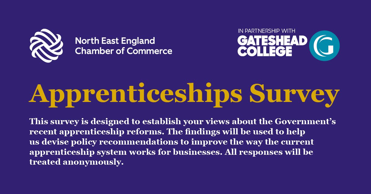 nechamber's tweet image. Would more flexibility with funding allow you to take on more apprentices? Help #NEEChamberPartner @gatesheadcoll by filling in this survey, your answers will be used to help us campaign on your behalf for a better #apprenticeship system for businesses: ow.ly/KWoF30p04H0