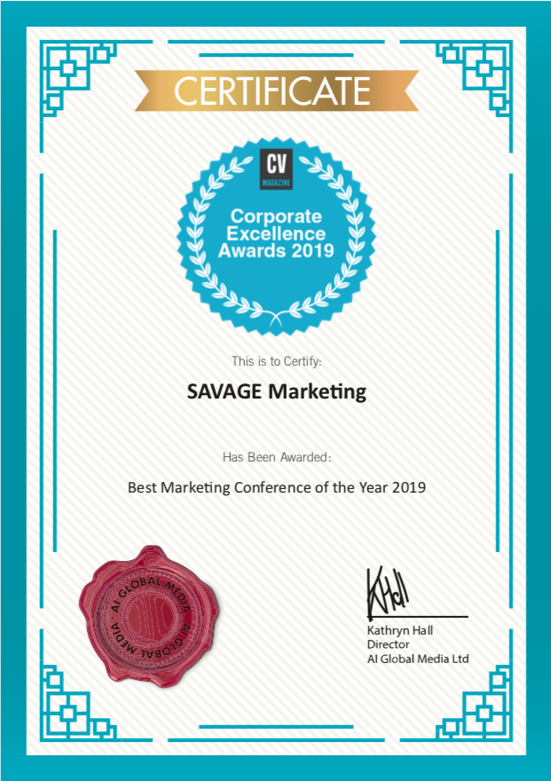 Savage Marketing 2019 has won the award for the 'Best Marketing Conference of 2019'. We are honored! Thank you to our speakers, sponsors, attendees, advisors, partners, and company friends - we treasure your support every step of the way!

#marketingconference #award #SavageMKTG