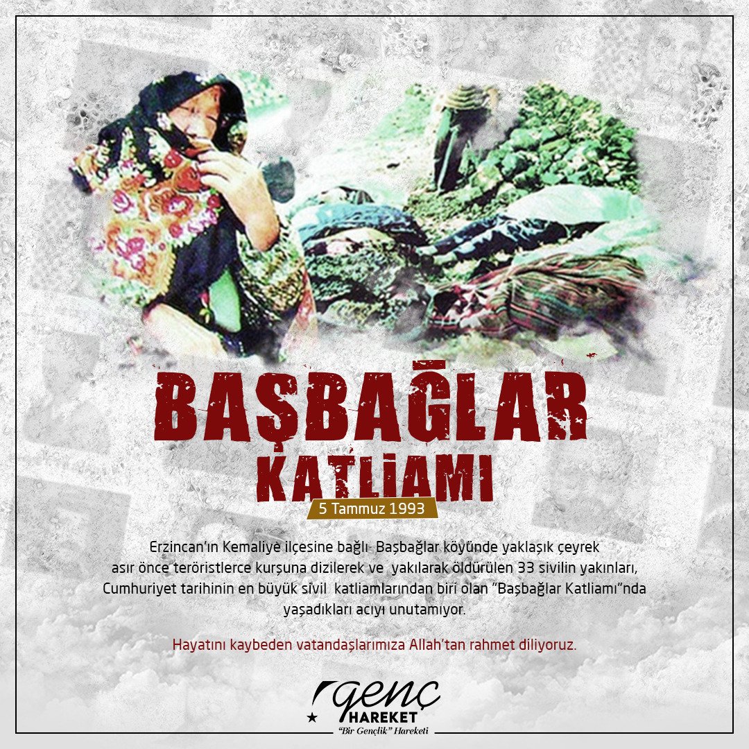Başbağlar köyünde yaklaşık çeyrek
asır önce teröristlerce kurşuna dizilerek ve  yakılarak öldürülen 33 sivilin yakınları,
Cumhuriyet tarihinin en büyük sivil  katliamlarından biri olan "Başbağlar Katliamı"nda
Hayatını kaybeden vatandaşlarımıza Allah’tan rahmet diliyoruz.